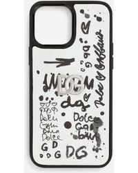 Dolce & Gabbana Funda para iPhone 13 Pro Max en piel de becerro con estampado del logotipo - Blanco