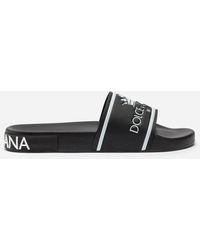 Dolce & Gabbana Slides Aus Gummi Und Bedrucktem Kalbsleder - Schwarz