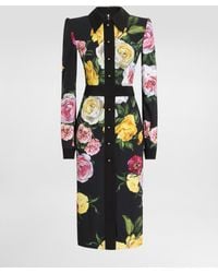 Dolce & Gabbana - Calf-Length Cady Shirt Dress With Peony And Rose - Lyst