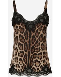 Dolce & Gabbana - Slip Top Aus Satin Leoprint Mit Spitze - Lyst