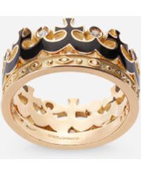 Dolce & Gabbana Anello Crown a forma di corona con smalto, nero e diamanti - Bianco