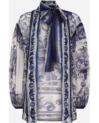 Dolce & Gabbana - Chiffon Pussy-Bow Shirt With Majolica Print - Lyst