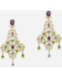 Dolce & Gabbana Pizzo Earrings In Yellow Gold Filigree With Amethysts, Aquamarines, Peridots And Morganites - White