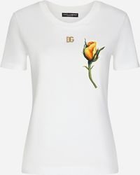 Dolce & Gabbana - Jersey T-Shirt With Dg Logo And Rose-Embroidered Patch - Lyst