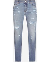 Dolce & Gabbana Light Blue Slim-fit Stretch Jeans With Rips
