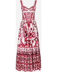 Dolce & Gabbana - Calf-length Bustier Dress In Majolica-print Poplin - Lyst