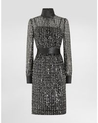 Dolce & Gabbana - Midi Dress With Vertical Sequin Stripe Embroidery - Lyst