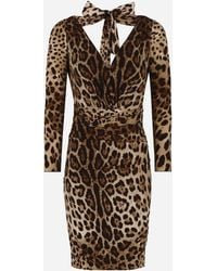Dolce & Gabbana - Short Charmeuse Dress With Leopard Print And Tie - Lyst