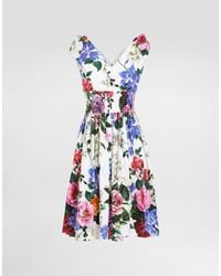 Dolce & Gabbana - Vestido Midi De Algodón Con Lazos Y Estampado De Flores - Lyst