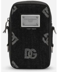 Dolce & Gabbana Kleine Umhängetasche aus Logo-Denim und Kalbsleder - Schwarz