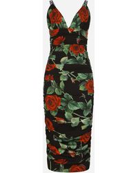 Dolce & Gabbana Charmeuse Midi Dress With Red Rose Print - Multicolour