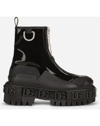 Dolce & Gabbana Rubberized Calfskin And Patent Leather Ankle Boots With Dg Logo - Black