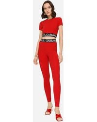 Dolce & Gabbana Top de manga corta de punto con logotipo en cinta elástica - Rojo