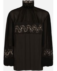 Dolce & Gabbana - Bluse Mit Hohem Kragen Aus Georgette Und Spitze - Lyst