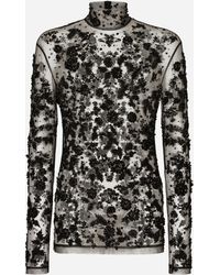 Dolce & Gabbana - Camiseta De Cuello Alto En Tul Con Bordados De Lentejuelas - Lyst