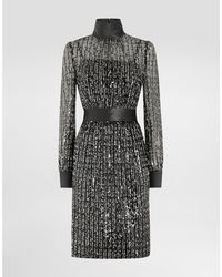 Dolce & Gabbana - Midi Dress With Vertical Sequin Stripe Embroidery - Lyst