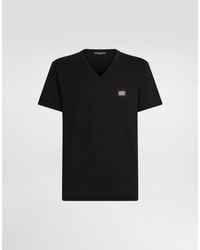 Dolce & Gabbana - Cotton V-Neck T-Shirt With Branded Tag - Lyst