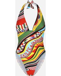 Dolce & Gabbana - Carretto-Print One-Piece Swimsuit With Plunging Neckline - Lyst