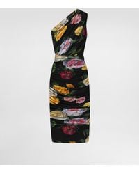 Dolce & Gabbana - Tulle One-Shoulder Calf-Length Dress With Peony And Rose - Lyst
