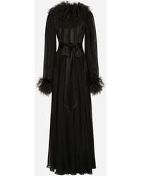 Dolce & Gabbana - Langes Kleid Aus Seidenchiffon Mit Details Aus Straußenfedern - Lyst