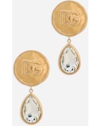 Dolce & Gabbana - Earrings With Logo Coin And Rhinestone Pendants - Lyst