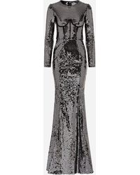 Dolce & Gabbana - Long Sequined Dress With Corset Detailing - Lyst