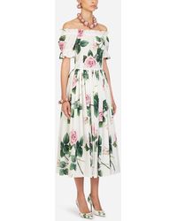 Dolce & Gabbana Tropical Rose Print Poplin Longuette Dress - Green