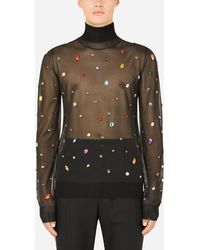 Dolce & Gabbana Technical Yarn Turtle-neck Top With Crystals - Black