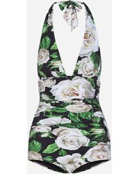 Dolce & Gabbana White Rose Print One-piece Swimsuit With Plunging Neckline - Green