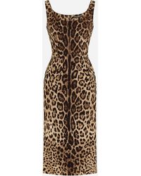 Dolce & Gabbana - Charmeuse Calf-Length Dress With Leopard Print - Lyst