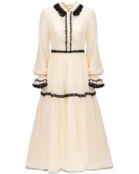 Georgette - Cream Lace Trim Midi Dress - Lyst