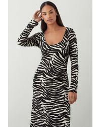 Dorothy Perkins - Zebra Print Scoop Neck Long Sleeve Ruched Midi Dress - Lyst