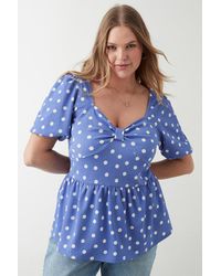 Dorothy Perkins - Curve Blue Spot Ruched Front Blouse - Lyst