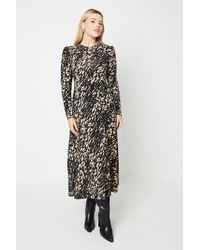 Dorothy Perkins - Animal Ruched Sleeve High Neck Fit And Flare Midi Dress - Lyst