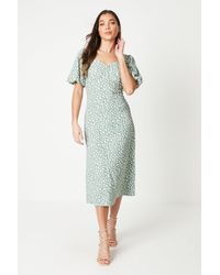 Dorothy Perkins - Petite Animal Ruched Front Puff Sleeve Midi Dress - Lyst