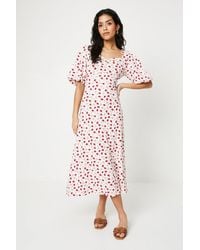 Dorothy Perkins - Petite Ditsy Ruched Front Puff Sleeve Midi Dress - Lyst