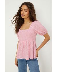 Dorothy Perkins - Petite Pink Floral Shirred Short Sleeve Blouse - Lyst