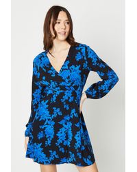 Dorothy Perkins - Blue Floral Wrap Seam Detail Mini Dress - Lyst