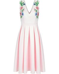chi chi london embroidered midi dress with sheer overlay in pink