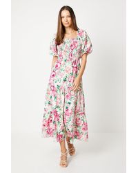 Dorothy Perkins - Rose Print Puff Sleeve Shirred Bodice Midi Dress - Lyst