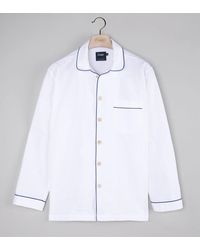 Drake's White Brushed Cotton Pyjama Shirt With Navy Piping