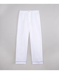 Drake's White Brushed Cotton Pyjama Trouser With Navy Piping