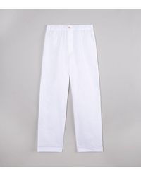 Drake's White Brushed Cotton Pyjama Trouser With White Piping