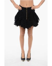 Balmain - Kanten Minirok Met Ruches En Rits Aan De Achterkant In Zwart - Lyst