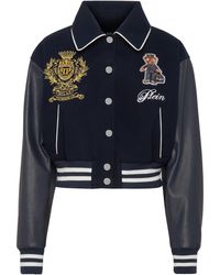 Philipp Plein - Jassen ,Blauw ,Wol Wool And Leather College Bomber Teddy - Lyst
