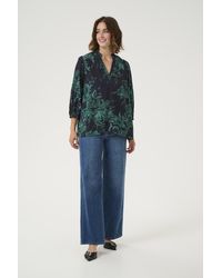 Kaffe - Blouse Met Lange Mouwen A-shape Black/green Painted Flower Floral - Lyst