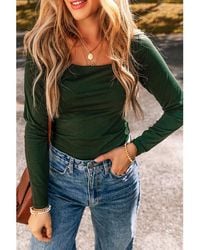 Azura Exchange - Zwartgroene Effen Kleur Vierkante Hals Lange Mouw Slim Fit Bodysuit - Lyst