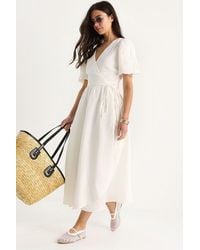 Bianco Lucci - Textured V-Neck Midi Dress With Wrap Closure - Lyst