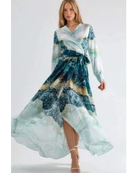 Msn-Collection - Abstract Print Long Sleeve Maxi Dress With Tie Detail - Lyst