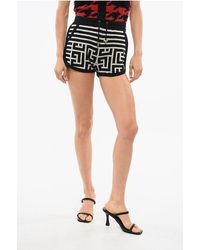Balmain - Gestreepte Monogram Wollen Linnen Gebreide Short In Zwart En Wit - Lyst